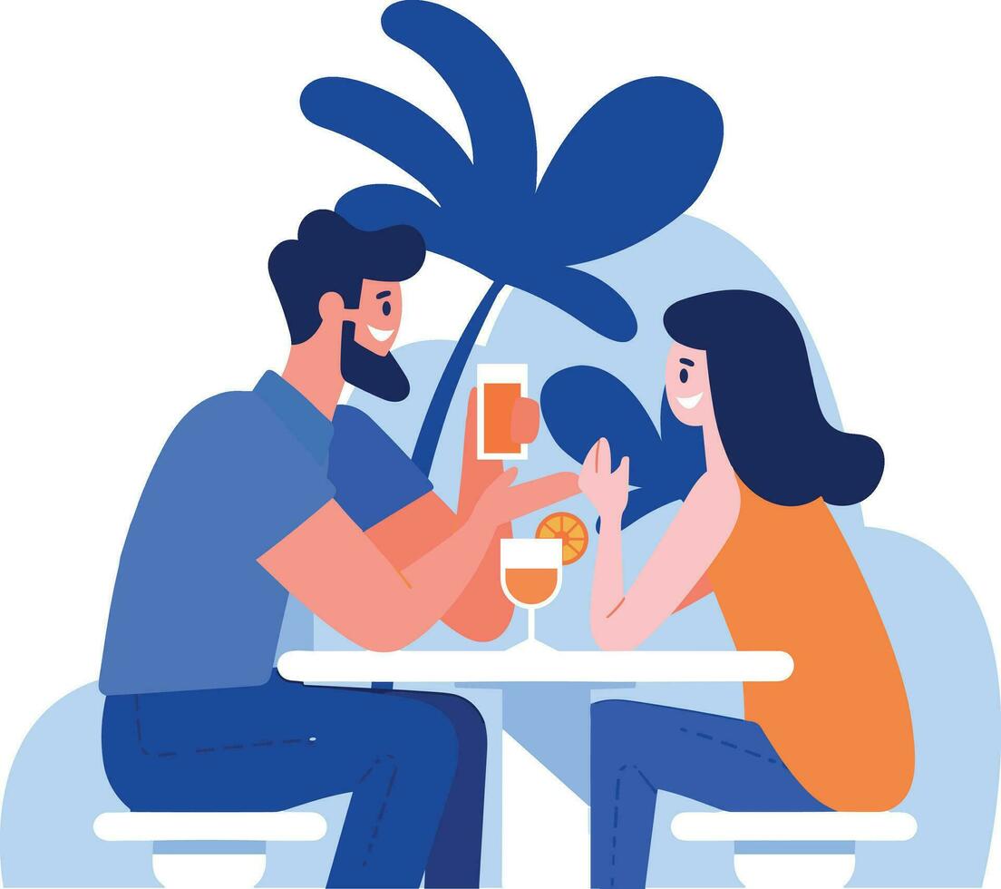 hand- getrokken paar hebben een drinken Bij een bar door de zee in vlak stijl vector