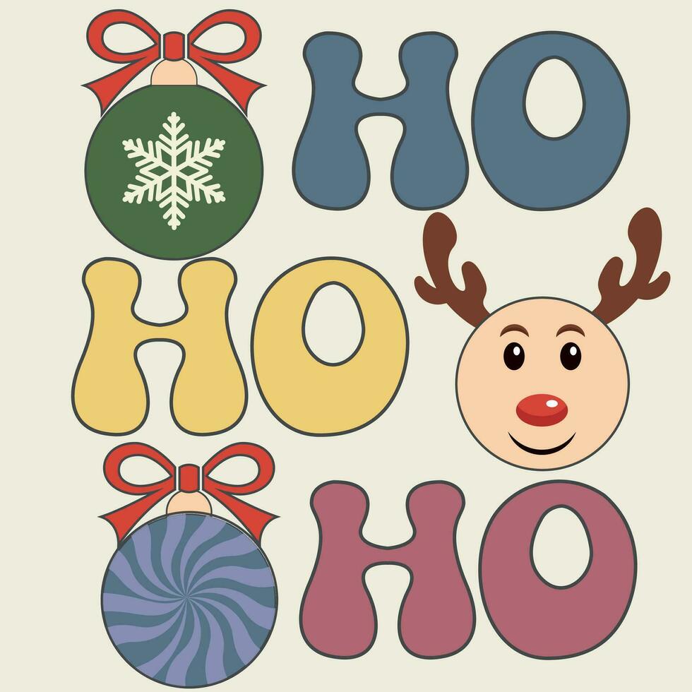 hippie wijnoogst stijl Kerstmis kaart. jaren 70 groovy nieuw jaar typografisch poster met hohoho, Kerstmis boom ballen en een schattig rendier Rudolf. vector illustratie