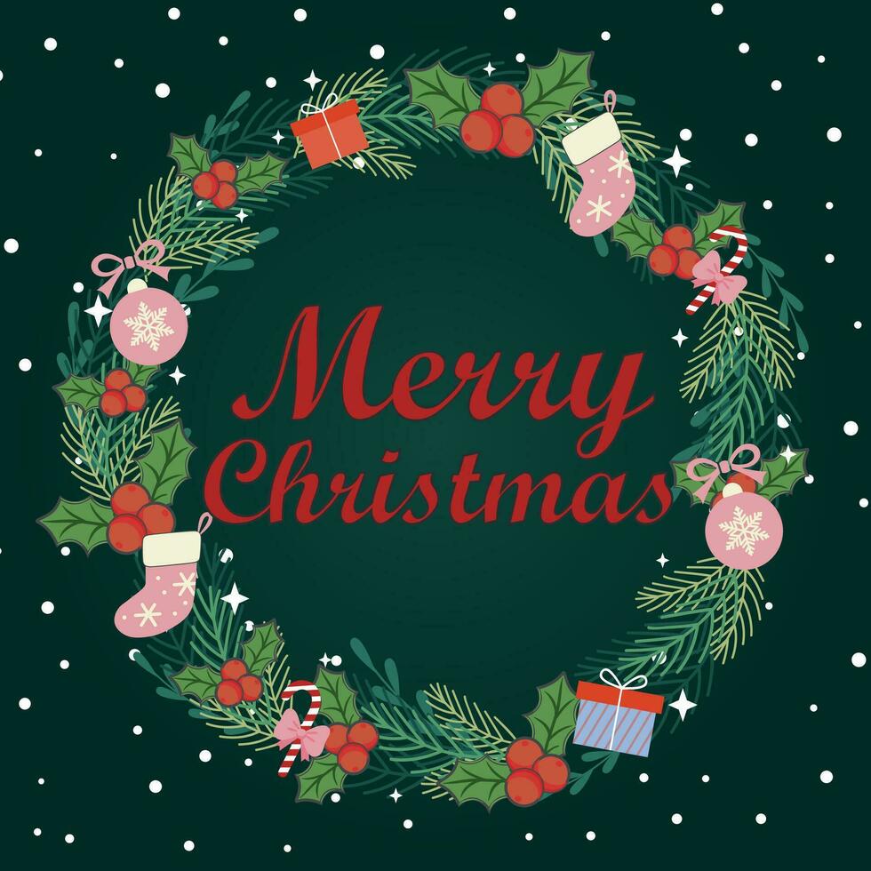 Kerstmis krans gemaakt van natuurlijk pijnboom, takjes, kegels, guirlande, peperkoek Heren, snoepgoed, koekjes en droog oranje voor ansichtkaarten, affiches, spandoeken. illustratie van vrolijk Kerstmis en nieuw jaar. vector