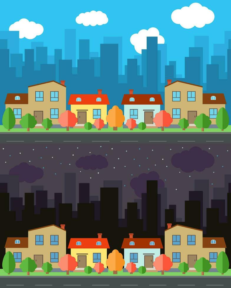 vector stad met vier een en twee verdiepingen tekenfilm huizen in de dag en nacht. zomer stedelijk landschap. straat visie met stadsgezicht Aan een achtergrond