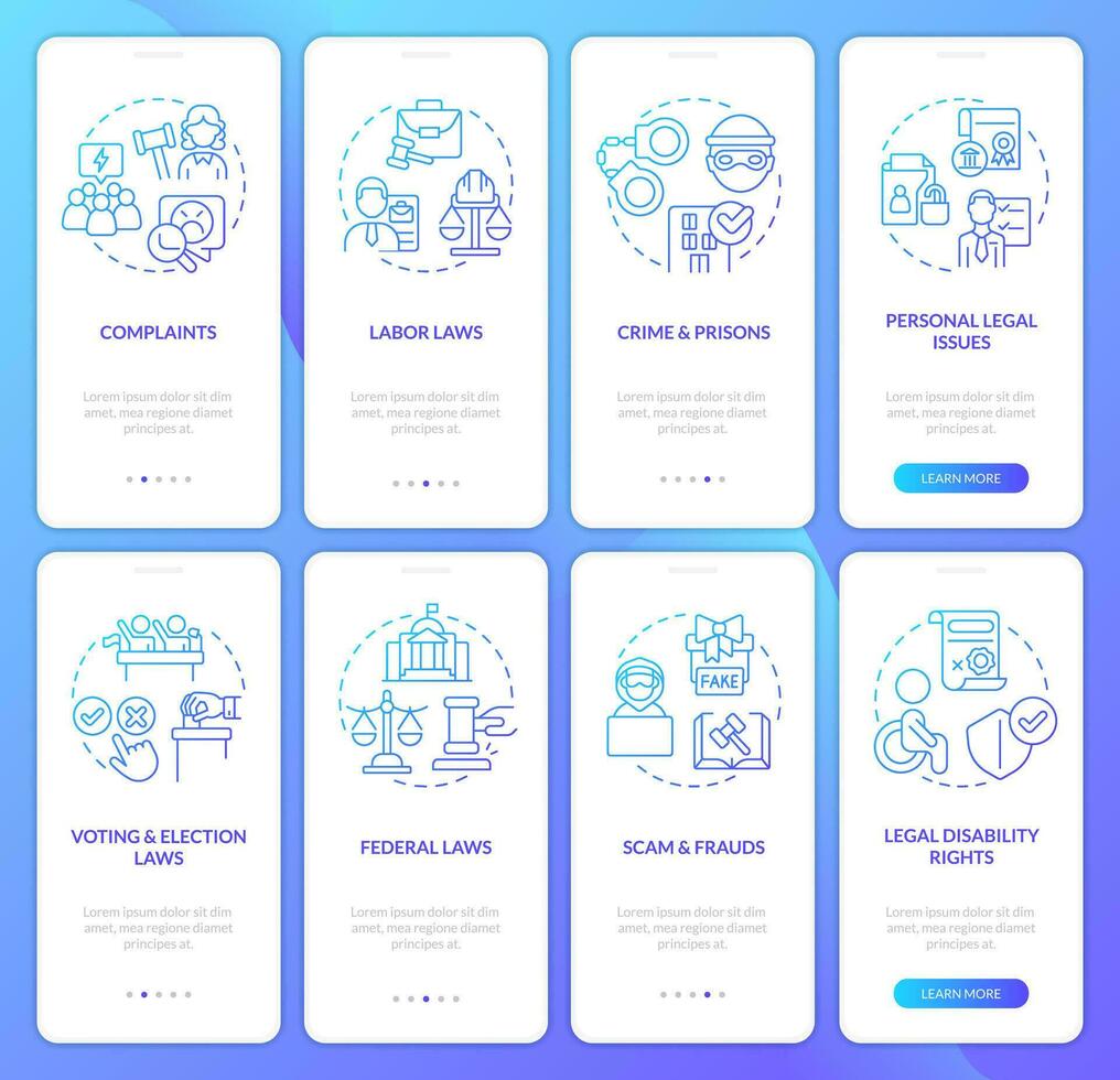 wettelijk gevallen blauw helling onboarding mobiel app scherm set. wetten, regelgeving walkthrough 4 stappen grafisch instructies met lineair concepten. ui, ux, gui sjabloon vector