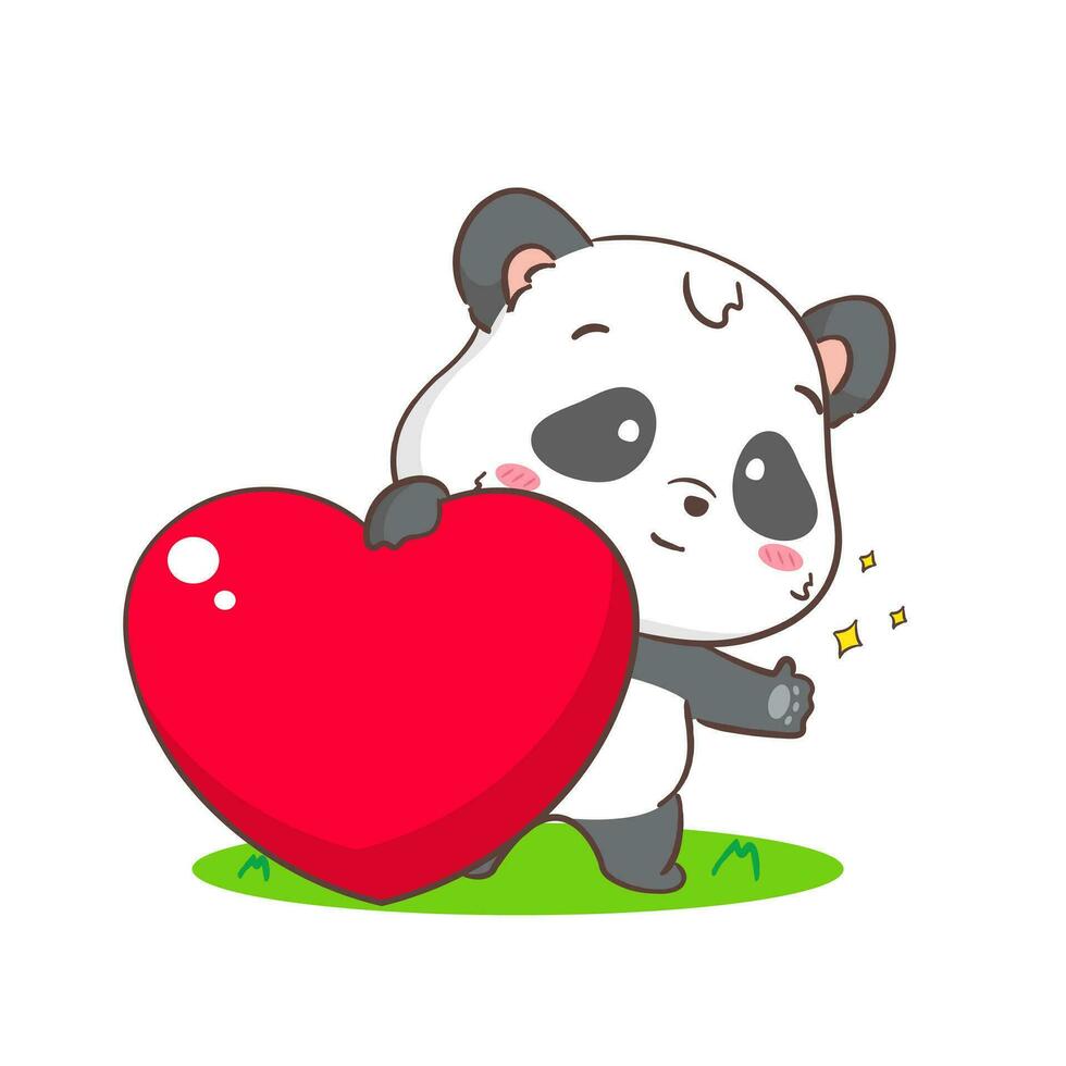 schattig panda met groot liefde hart. aanbiddelijk kawaii dier concept ontwerp. vlak tekenfilm karakter. geïsoleerd wit achtergrond. vector kunst illustratie