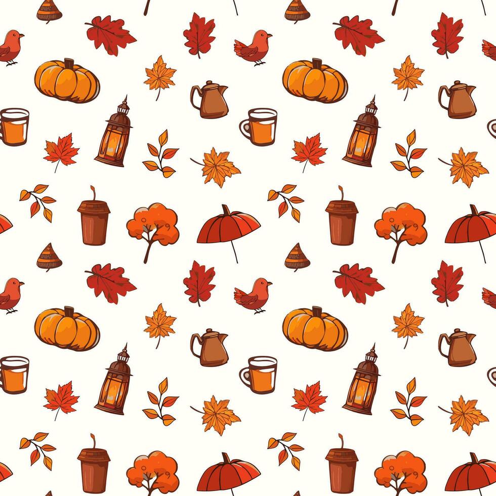 naadloos patroon oranje herfst. Hallo, val. pompoenen, bladeren, noten, vogels, beker, theepot, rood paraplu. vector Aan wit. helder achtergrond. herfst kaart. afdrukken textiel, kleding, briefpapier, notebooks