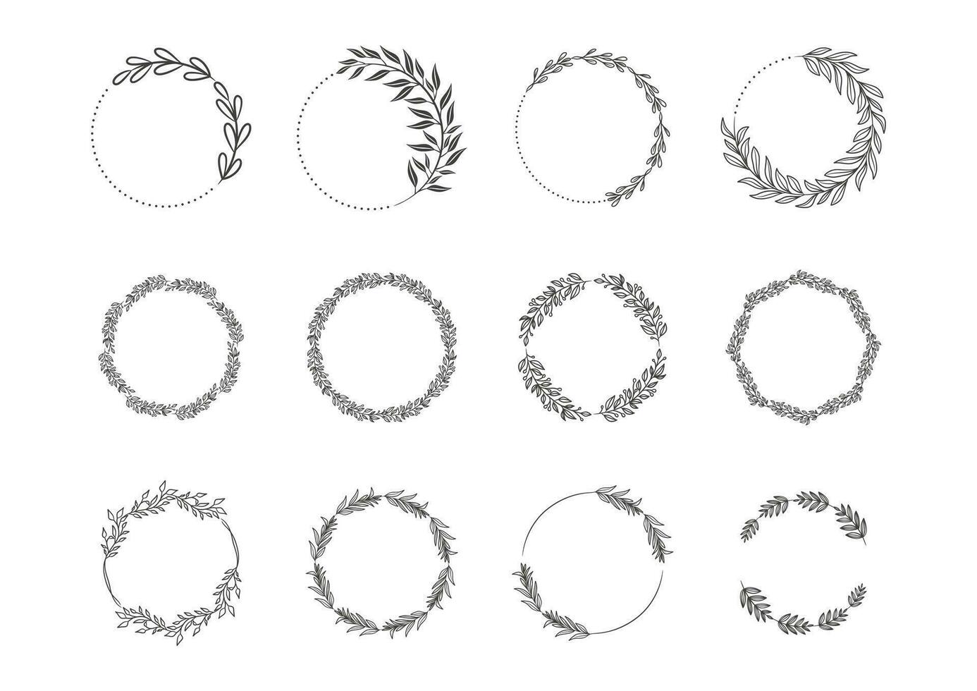 hand- getrokken krans circulaire vector kunst verzameling zwart en wit
