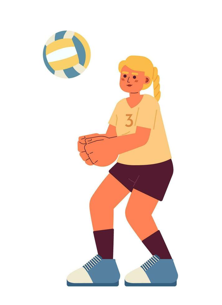 Kaukasisch vrouw volleybal speler semi vlak kleur vector karakter. spel. sterk vrouw schoppen bal. bewerkbare vol lichaam persoon Aan wit. gemakkelijk tekenfilm plek illustratie voor web grafisch ontwerp