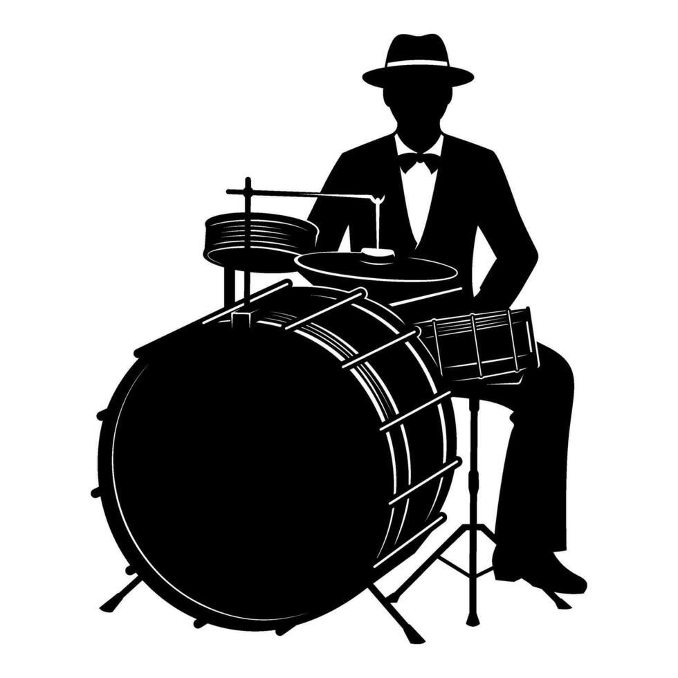 retro jazz- trommelaar silhouet. vector clip art geïsoleerd Aan wit.
