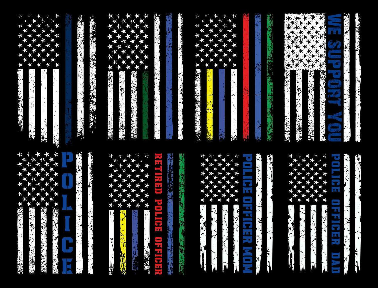 Verenigde Staten van Amerika politie blauw lijn grunge Politie vlag t-shirt ontwerp. Amerikaans politie t-shirt, grunge Verenigde Staten van Amerika vlag reeks vector