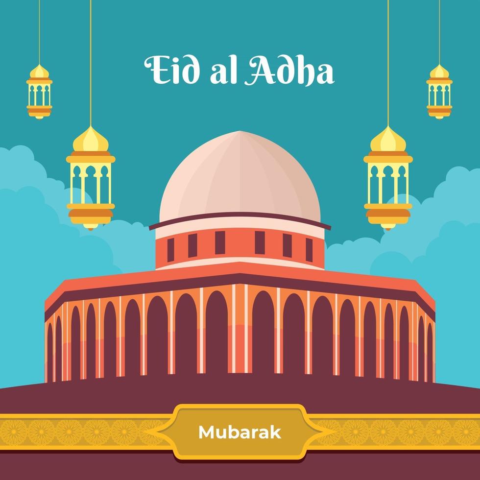 eid al adha mubarak met moskee en lantaarns vector