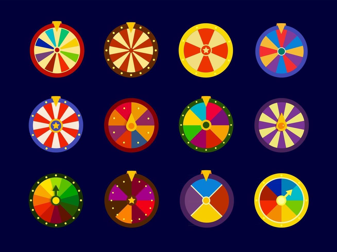 fortuinwielen vector iconen set, loterij wiel collectie, vectorillustratie voor online casino en gokspellen