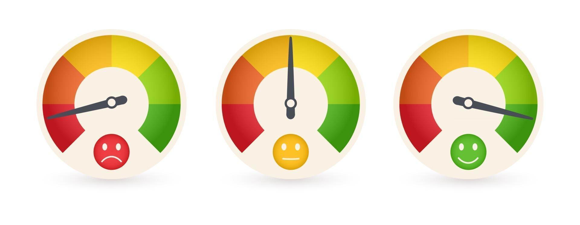 zakelijke meter of zakelijke indicatorsjabloon met emotioneel cartoongezicht. abstracte beoordelingspictogrammen. kwaliteitscontrole vectorillustratie. vector