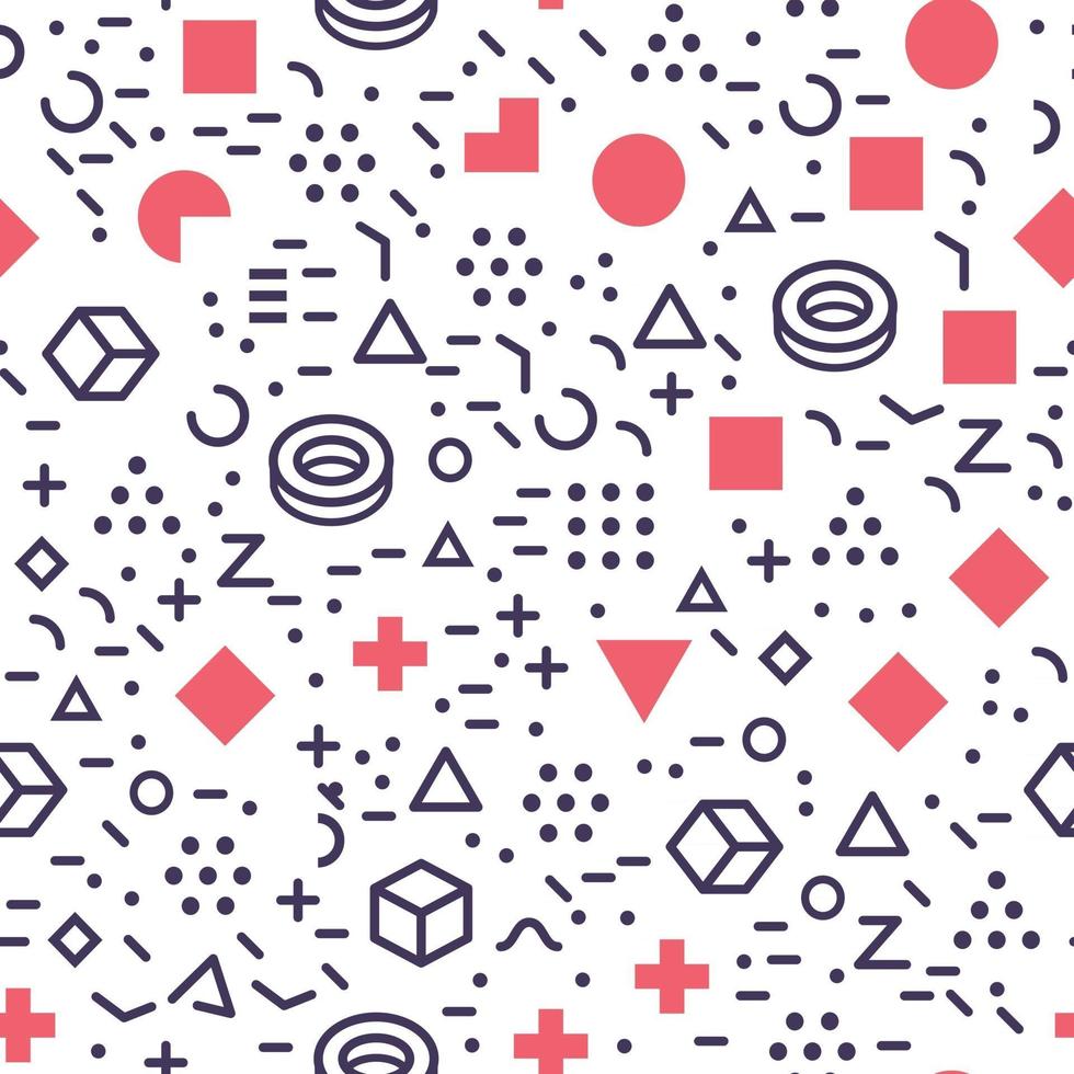 geïsoleerde geometrische vormen naadloze patroon. memphis ontwerp abstracte geometrische achtergrond. geometrie elementen backdrop.black, rood en wit inpakpapier textuur. vector