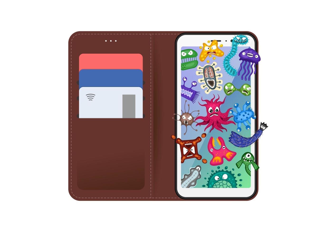 smartphone infectie concept. mobiele telefoon apparaat smartphone met open bruin gestikte lederen tas, plastic bankkaarten in zakken en virus bugs stripfiguren. vector moderne illustratie geïsoleerd