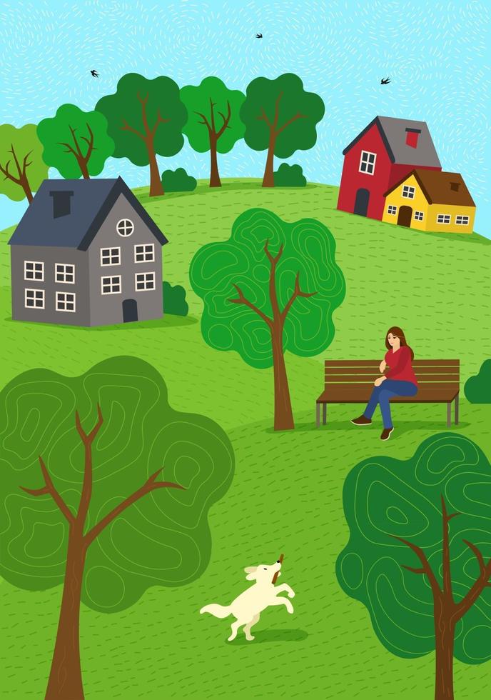 zomer landelijke stemming hand getekende herfst seizoen natuur. meisje op bankje in het park en loopt hond. gazon heuvels en bomen. platteland rust rustieke scène vectorillustratie voor poster, banner, kaart, brochure of cover vector