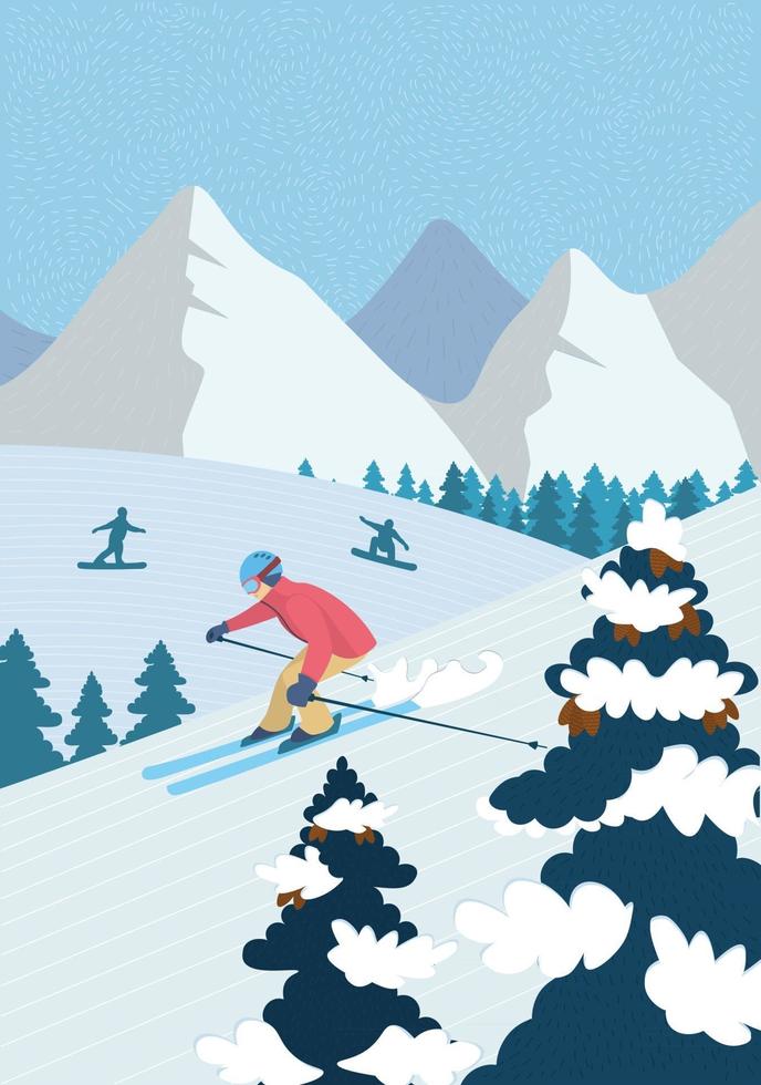 winter handgetekende poster actieve recreatie in alpine bergen. skiër alpineskiën naar beneden besneeuwde helling. atleten snowboarders rijden snowboard. buitensporten in skiresort vector illustratie banner