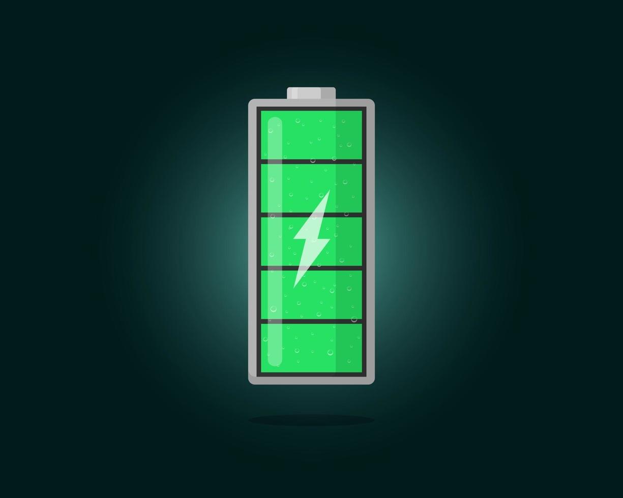 hoog elektrisch vermogen groene batterij opgeladen energie-indicator met bliksempictogram. volle batterij die het cilindersymbool aangeeft. vector accu energie niveau belasting eps illustratie