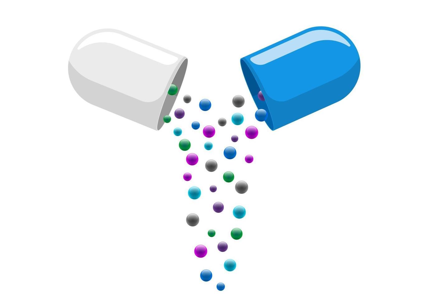 medische capsulepil open met uitvallende kleurrijke moleculen. geneeskunde drug vitamine verbeteren gezondheid concept. witte en blauwe farmaceutische antibioticum helften met deeltjes vector geïsoleerde illustratie