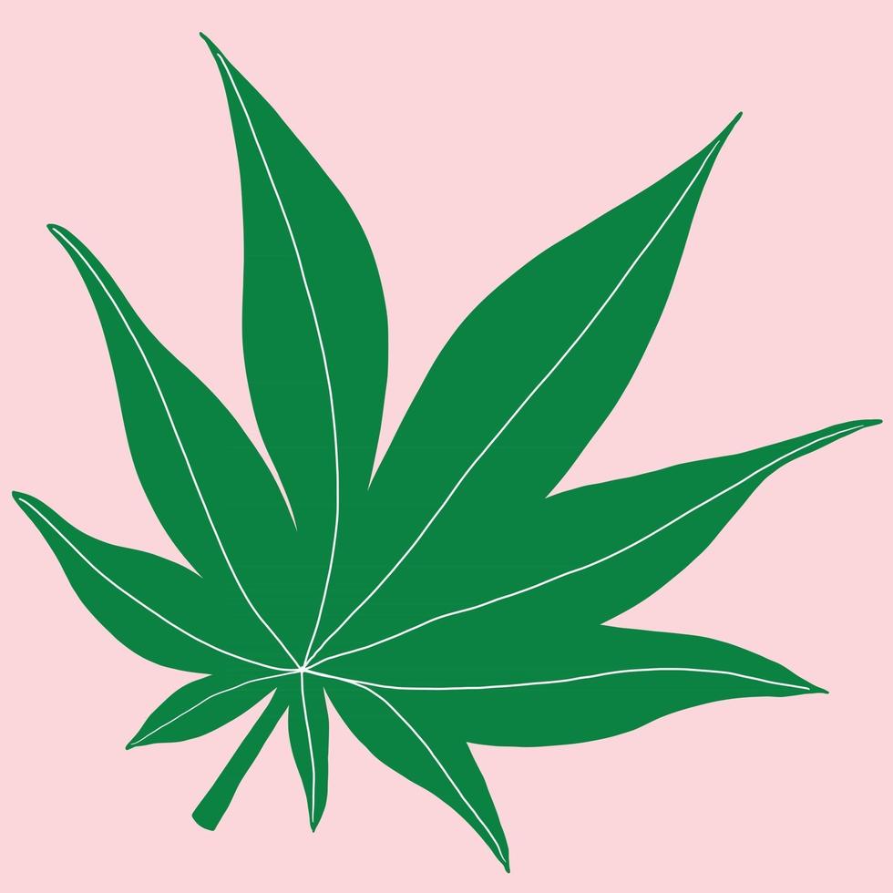 cannabis blad uit de vrije hand tekenen op roze achtergrond. vector