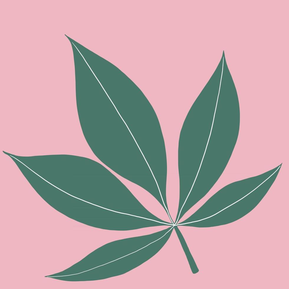 cannabis blad uit de vrije hand tekenen op roze achtergrond. vector