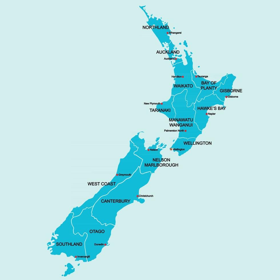 doodle uit de vrije hand tekenen van de politieke kaart van Nieuw-Zeeland met grote steden. vector