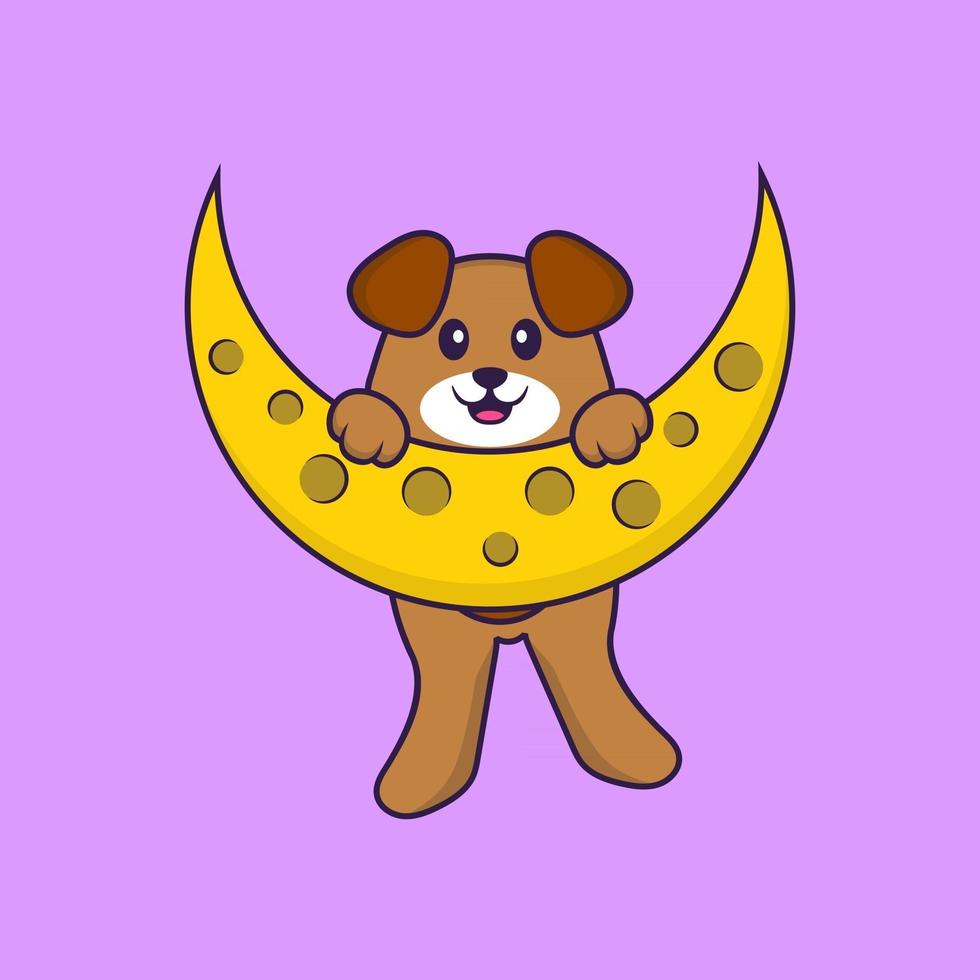 schattige hond is op de maan. dierlijk beeldverhaalconcept geïsoleerd. kan worden gebruikt voor t-shirt, wenskaart, uitnodigingskaart of mascotte. platte cartoonstijl vector