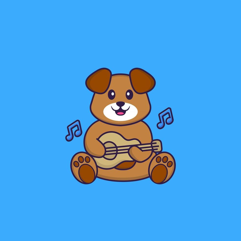 schattige hond die gitaar speelt. dierlijk beeldverhaalconcept geïsoleerd. kan worden gebruikt voor t-shirt, wenskaart, uitnodigingskaart of mascotte. platte cartoonstijl vector