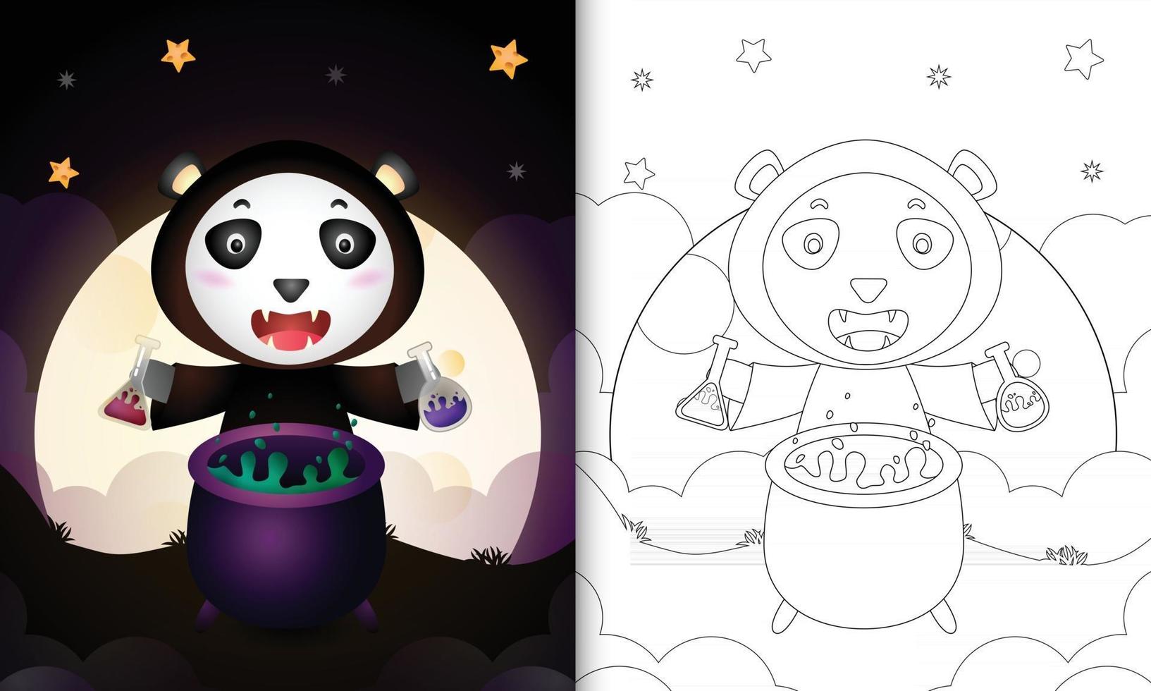 kleurboek met een schattige panda met kostuumheks halloween vector