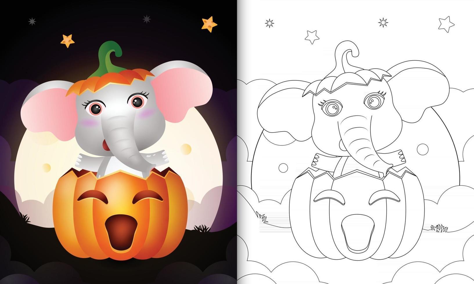 kleurboek met een schattige olifant in de halloween-pompoen vector