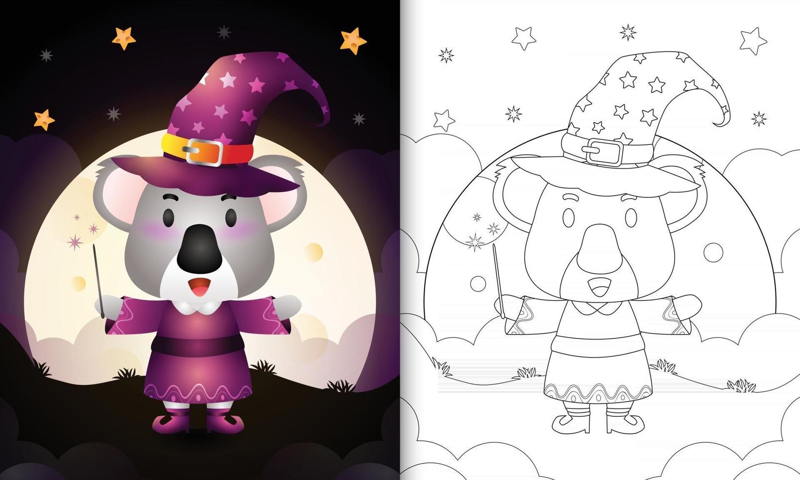 kleurboek met een schattige koala met kostuumheks halloween vector