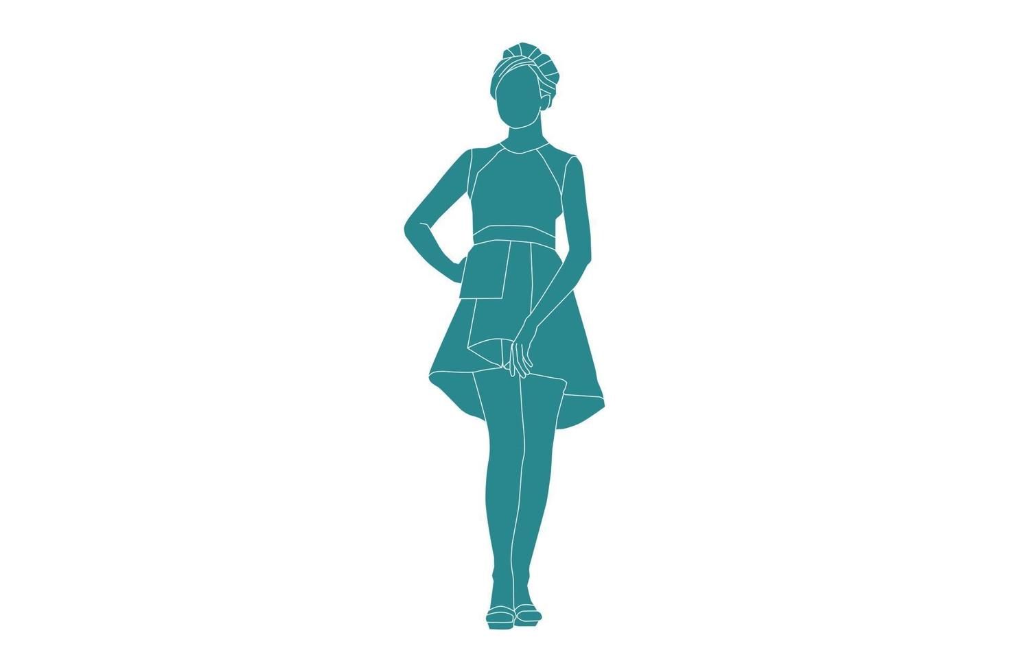 vectorillustratie van elegante vrouw met jurk, vlakke stijl met outline vector