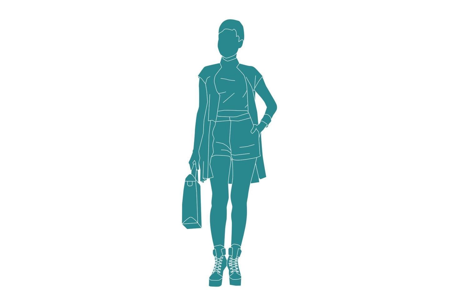 vectorillustratie van casual vrouw poseren met tas, vlakke stijl met outline vector