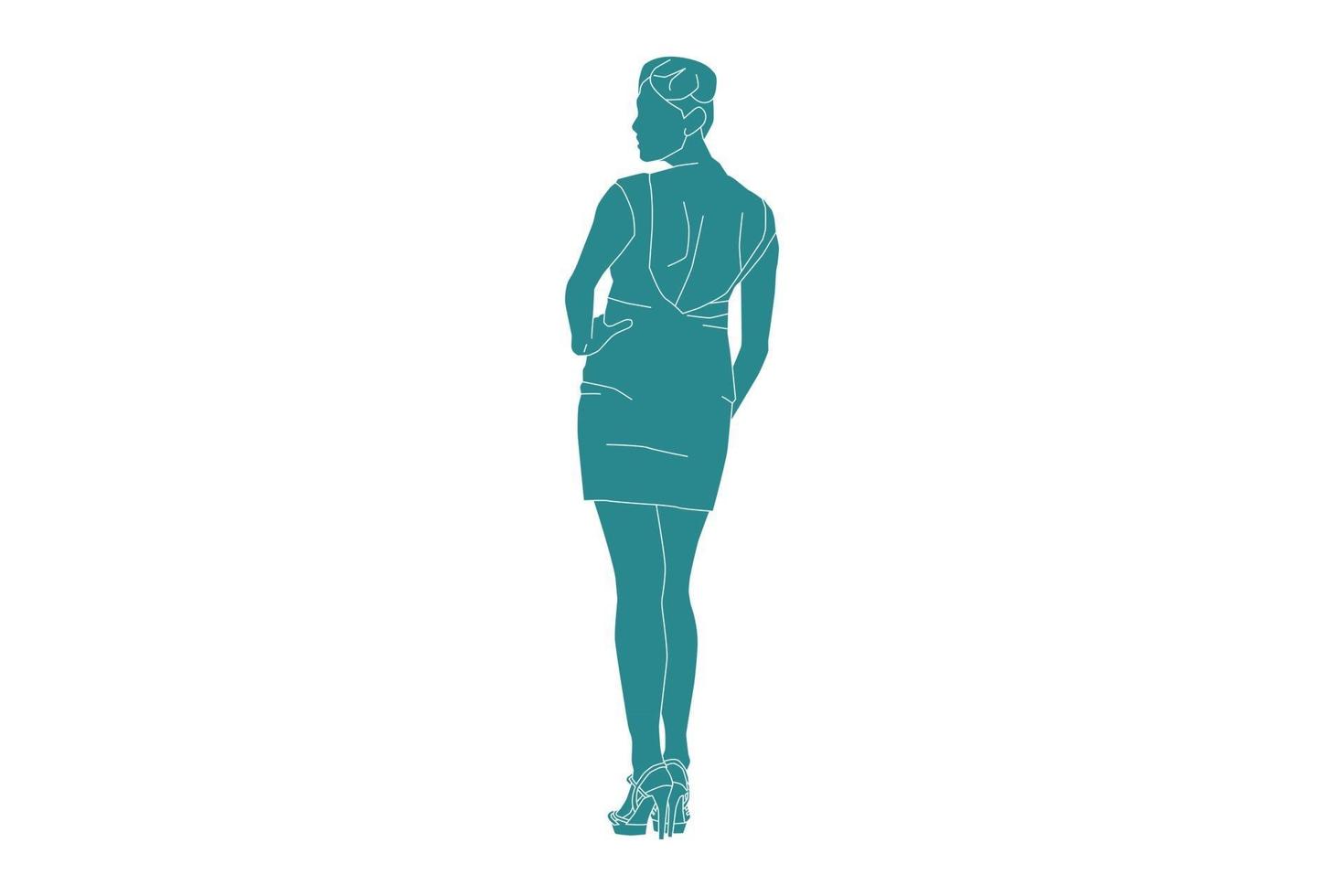 vectorillustratie van elegante vrouw poseren in een mini-jurk, vlakke stijl met outline vector