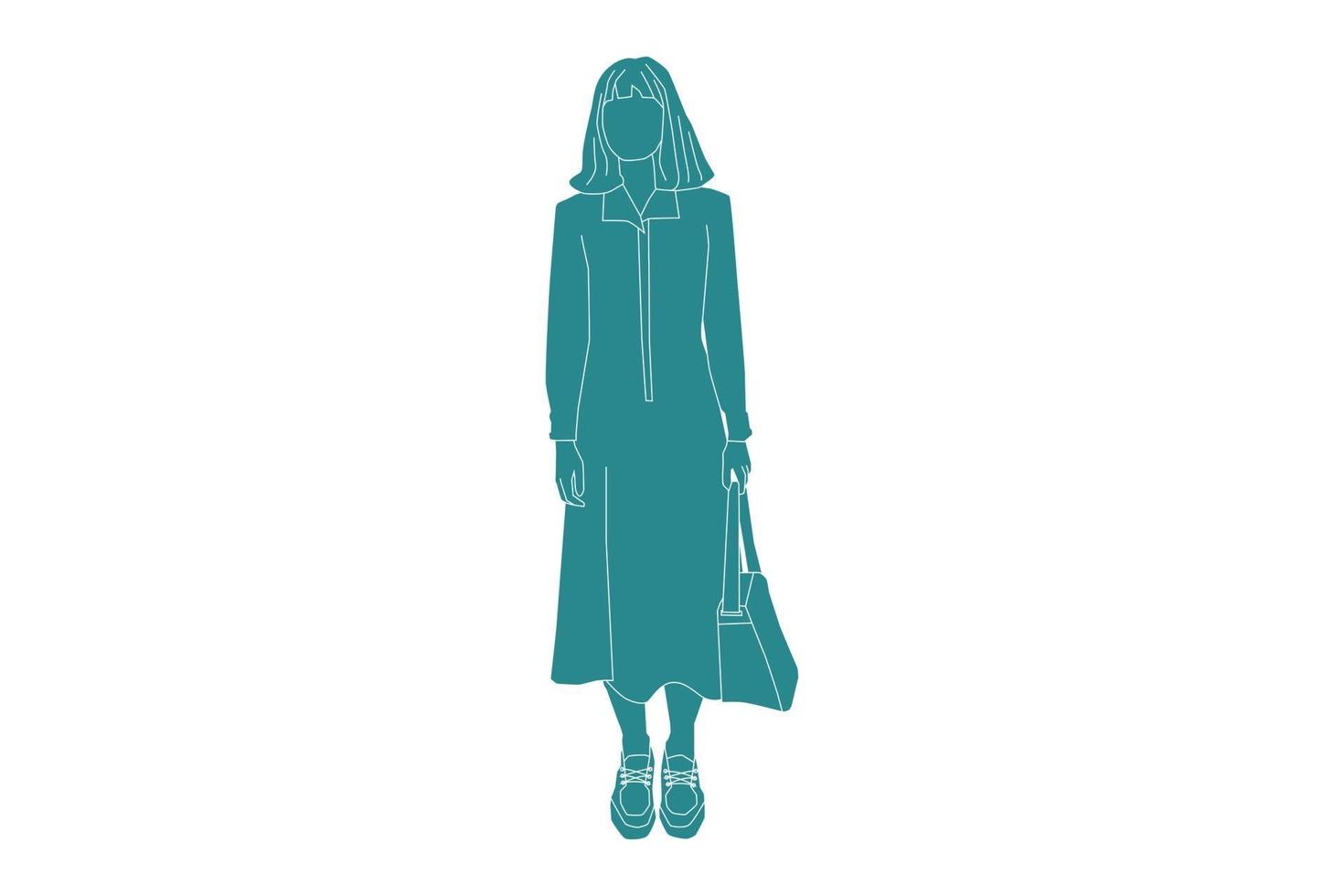 vectorillustratie van casual vrouw staande, vlakke stijl met outline vector