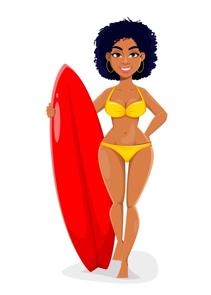 schattig afro-amerikaans surfmeisje stripfiguur vector