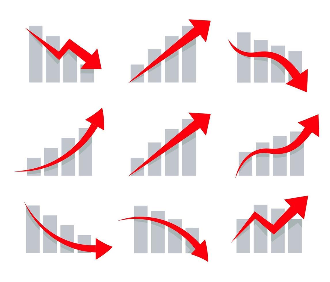 voorraad grafische vector pictogrammen instellen. pijlen omhoog en omlaag in de grafiek, die informeren over groei en achteruitgang, winst en verlies. eenvoudig infographic pictogram voor presentatie, logosjabloon, app-knoppen.