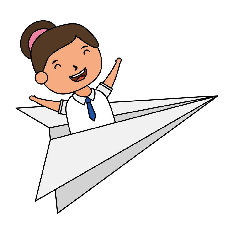 schattig klein studentenmeisje met papieren vliegtuigje vector