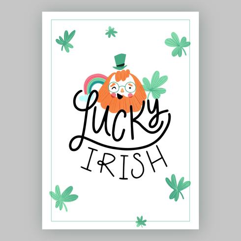 Leuke St. Patrick&#39;s Day met Ierse karakter, klaverblaadjes, Rainbow en belettering vector