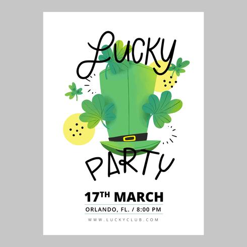 St. Patrick&#39;s Day Flyer met Ierse hoed, klaverblaadjes en belettering vector
