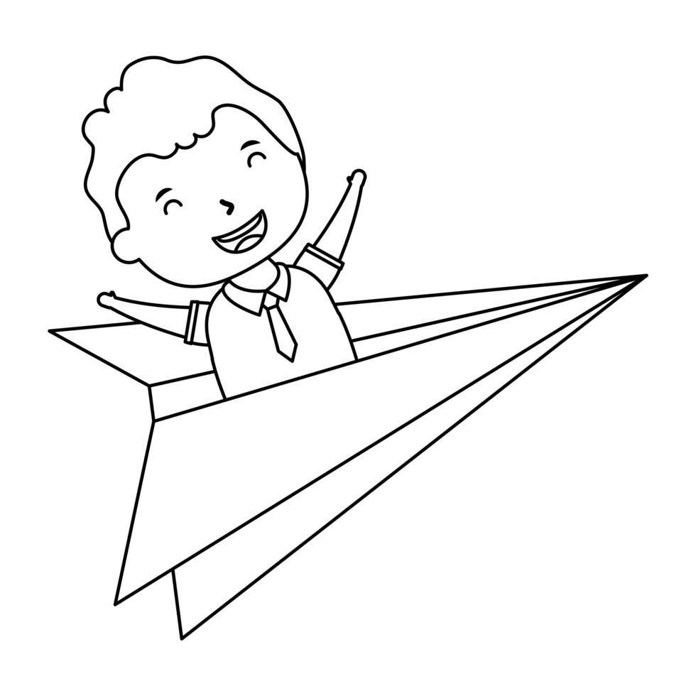 schattige kleine studentenjongen in papieren vliegtuigje vector