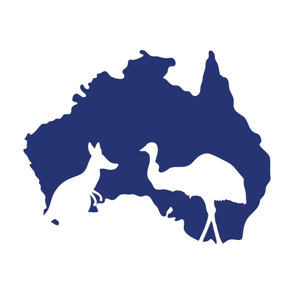 Australië dagviering met silhouetdieren en kaart silhouette vector