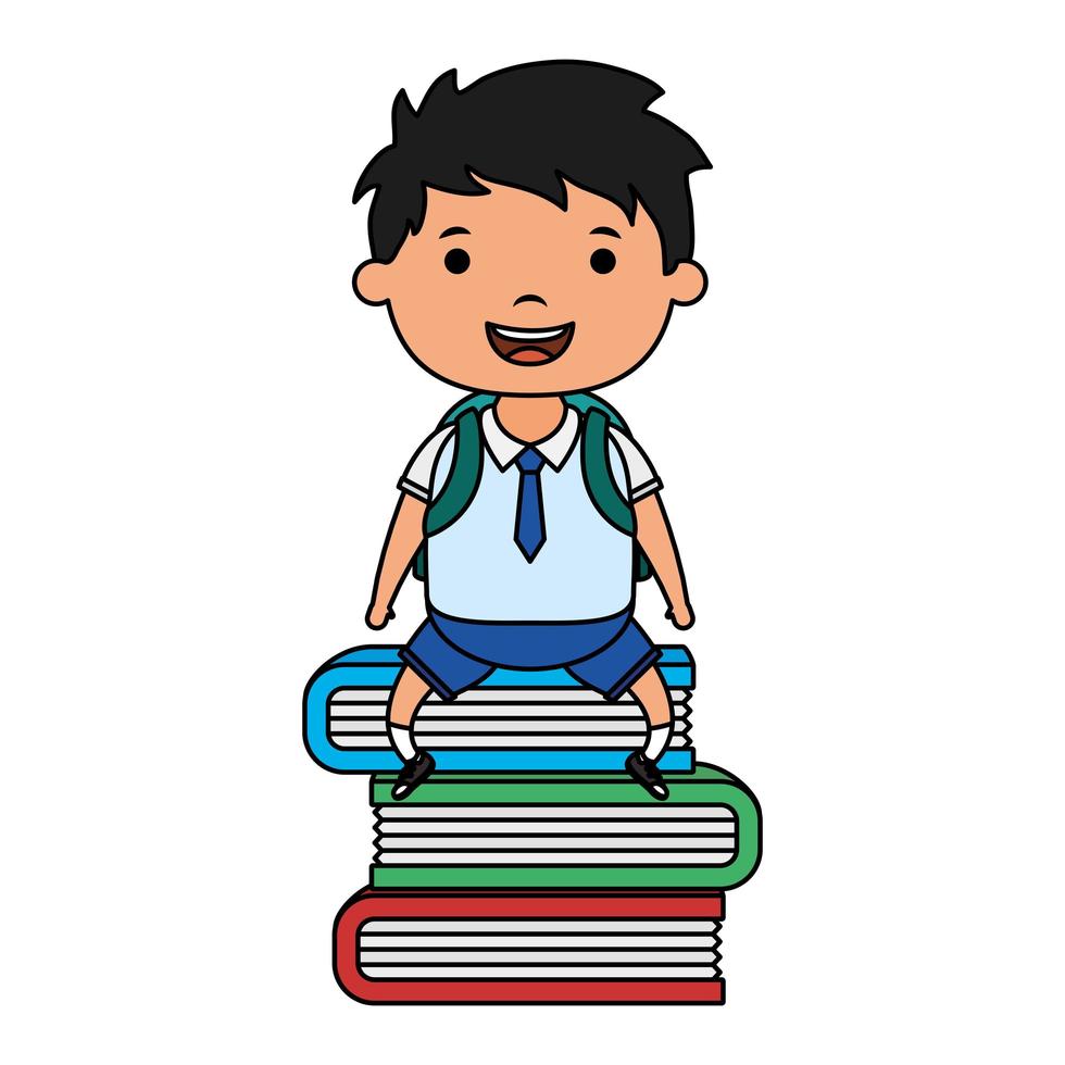 schattige kleine student jongen zittend in boeken karakter vector