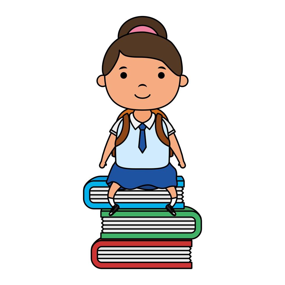 schattig klein studentenmeisje zittend in boeken vector