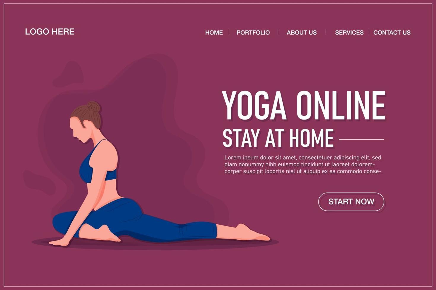 yoga online klas bestemmingspagina sjabloon concept. meisje doet yoga online thuis met behulp van haar laptop. vector platte cartoon afbeelding