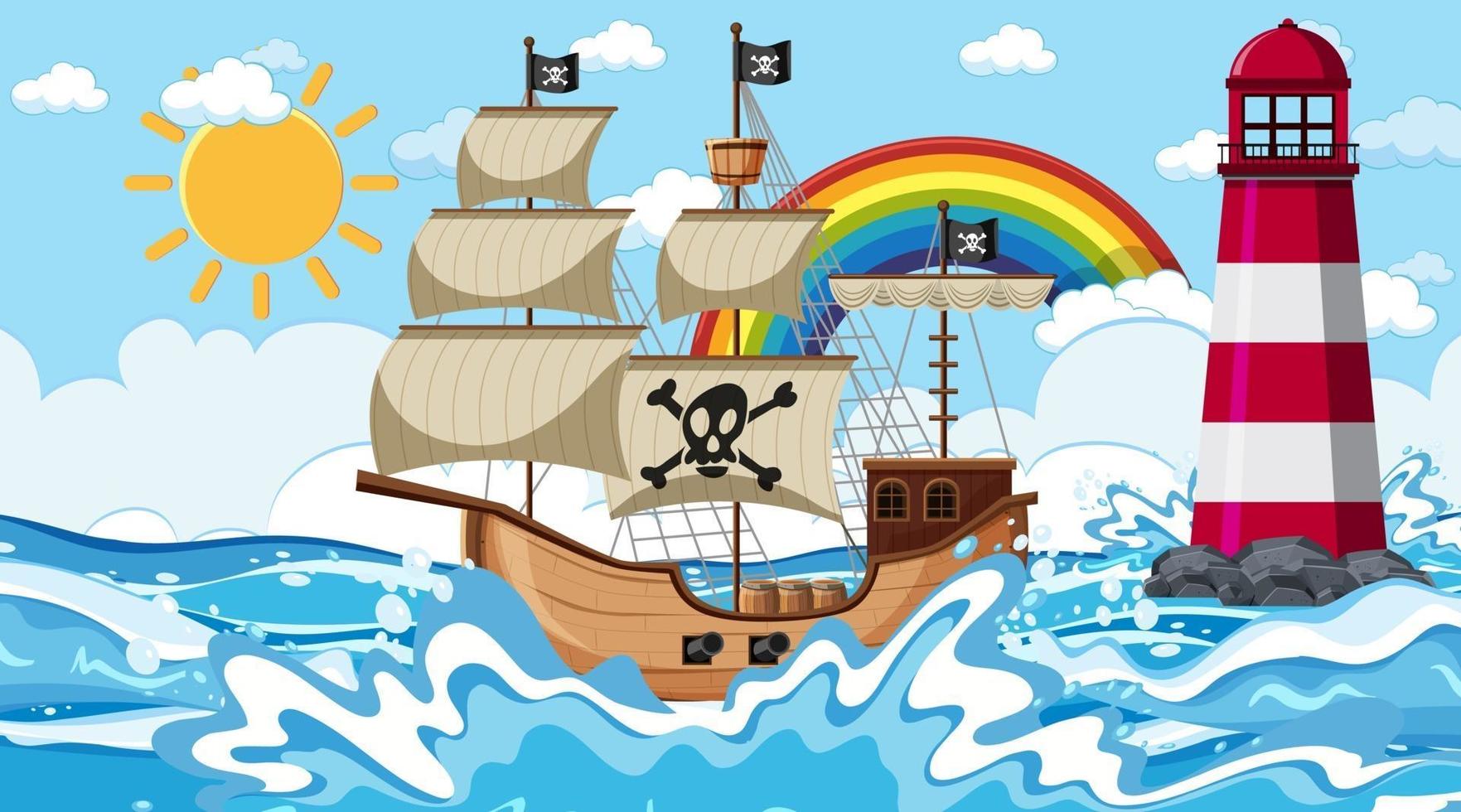 oceaanscène overdag met piratenschip in cartoonstijl vector