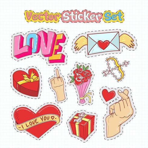 Valentijnsdag sticker patches in doodle stijl. Vector illustratie