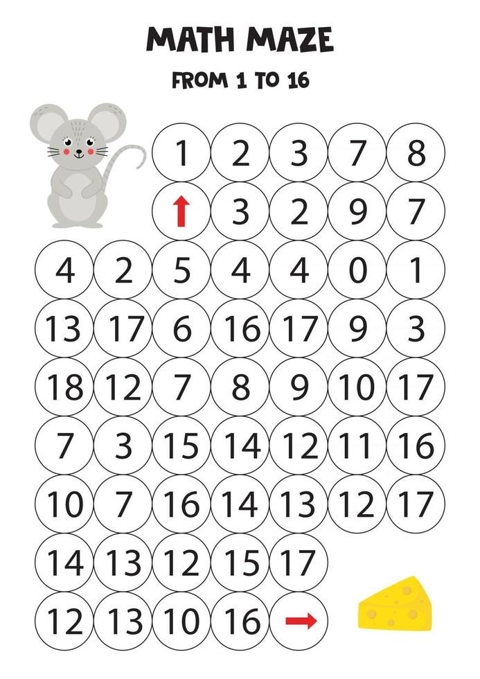 wiskunde doolhof van één tot 16. help de muis om bij de kaas te komen. vector