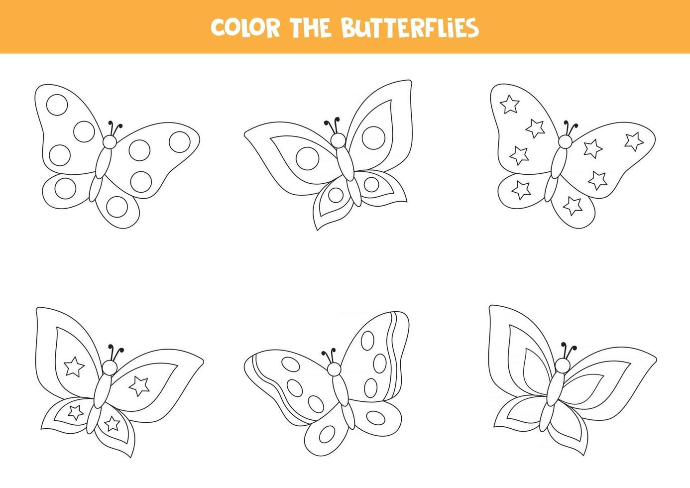 kleurplaat voor kinderen. set van zwarte en witte vlinders. vector