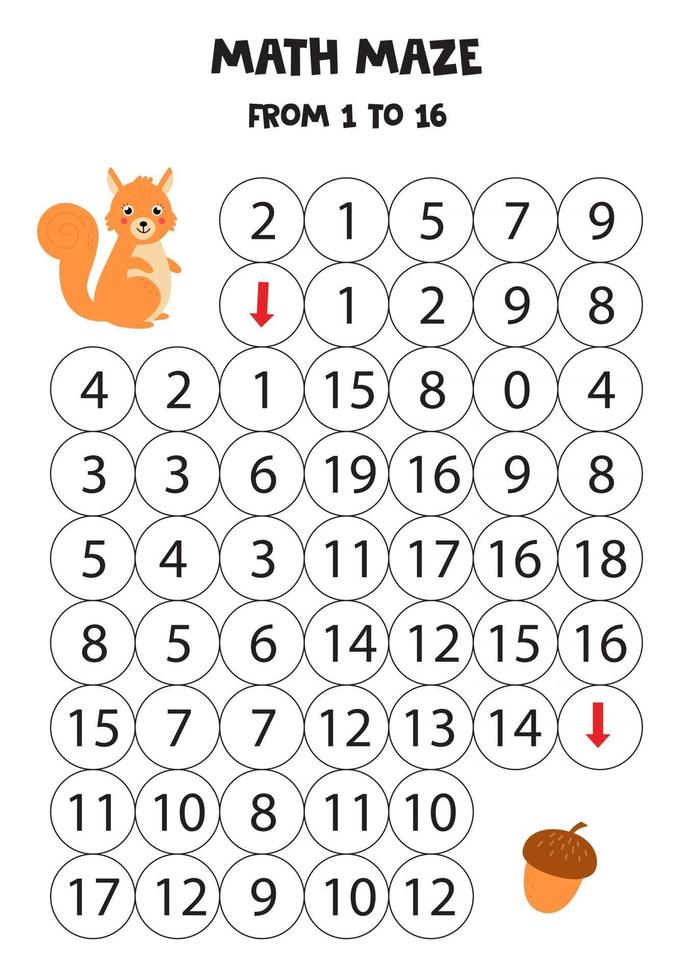 wiskundig doolhof voor kinderen. schattige cartoon eekhoorn en eikel. vector
