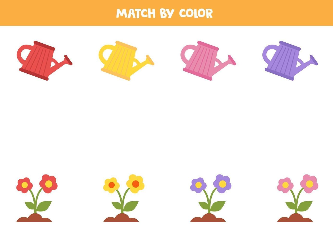 match kleurrijke gieters en bloemen op kleur. vector