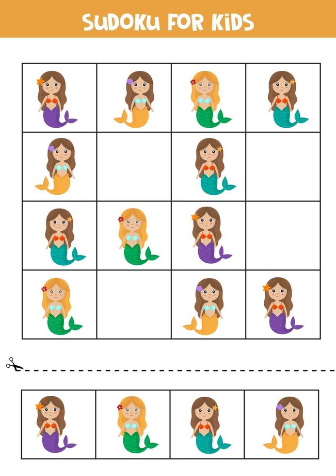 sudoku voor kinderen. schattige zeemeerminnen. puzzel voor kinderen. vector