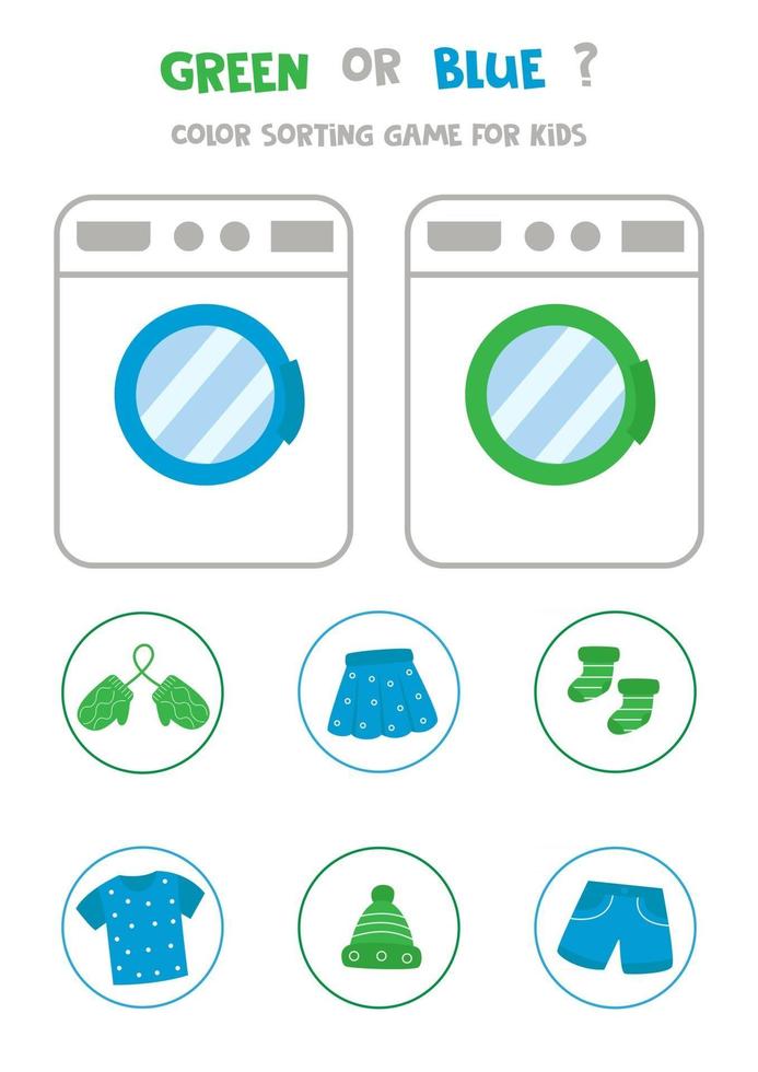 kleursorteerspel voor kinderen. blauw of groen. wasmachine en kleurrijke kleding. vector